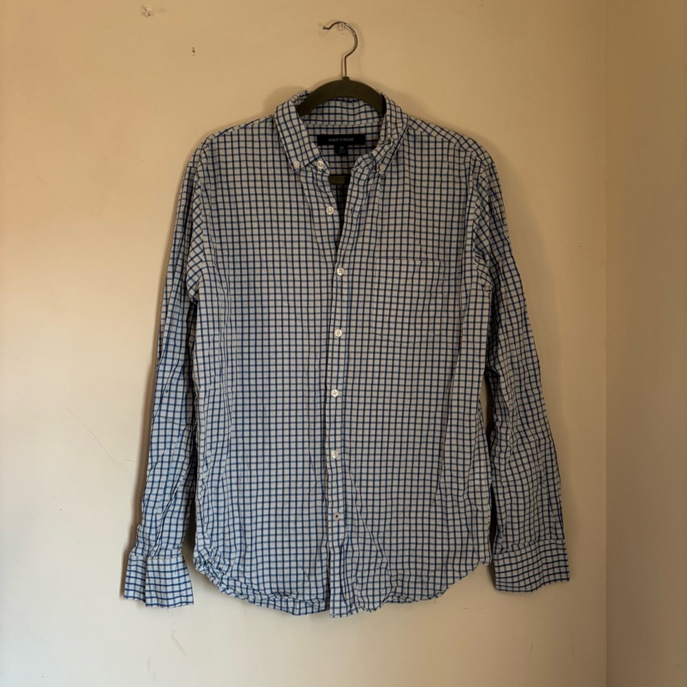 Men's Blue and White Plaid Casual Shirt